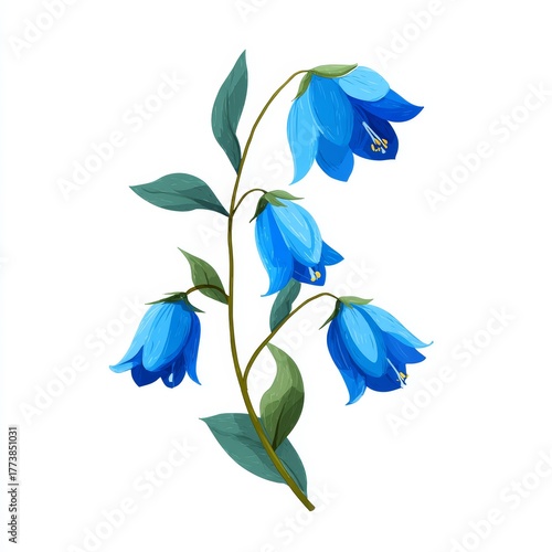 A delicate illustration of blue bellflower. The vibrant petals and green leaves create a graceful scene