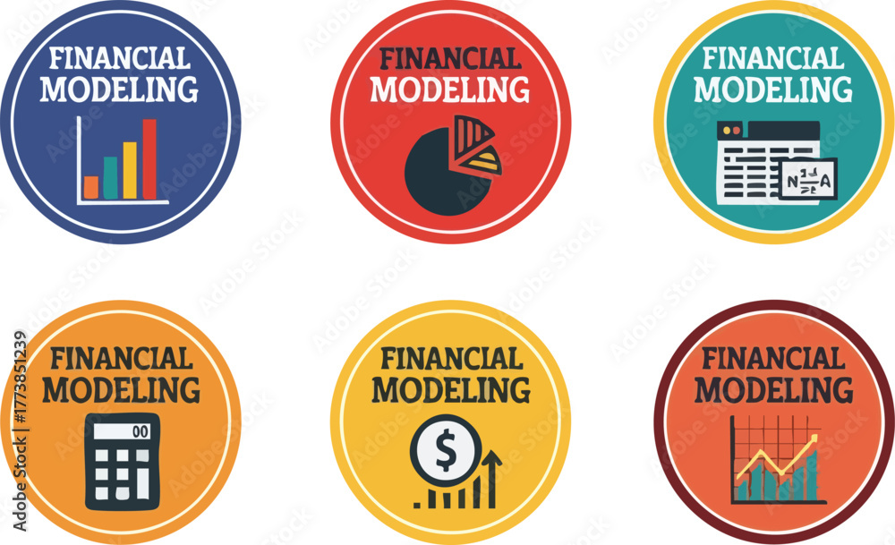 Obraz premium A collection of colorful circular icons represent financial modeling concepts, including charts, graphs, calculators, and dollar signs, suitable for business presentations and financial reports.