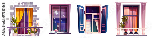 Different window shutters set isolated on white background. Vector cartoon illustration of modern and old building facade elements, balcony with home plants, winter snowflakes on glass, house exterior