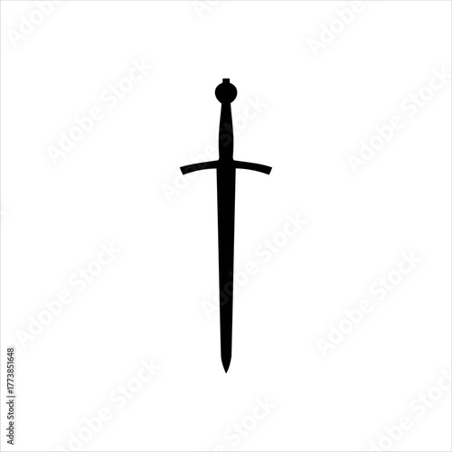 Sword vector flat illustration design. Black silhouette of medieval knight sword on white background. 