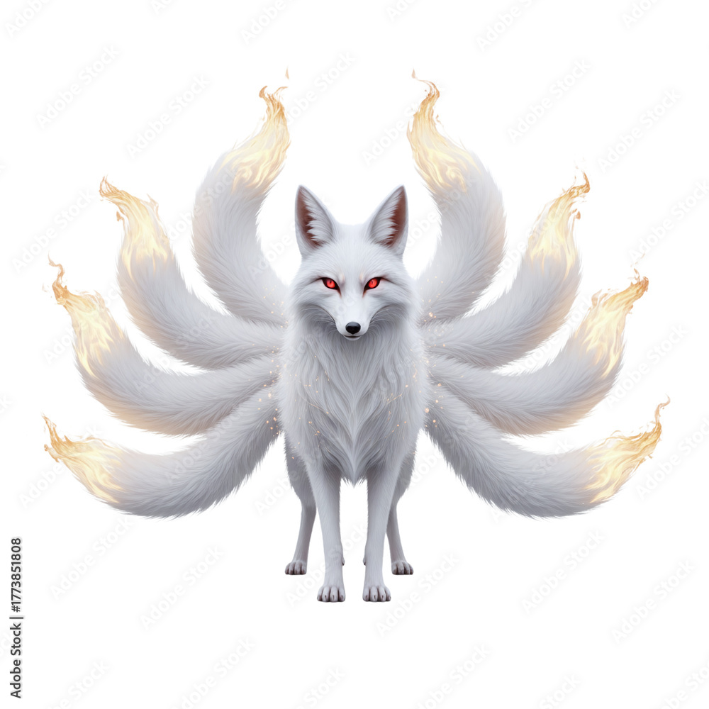 Obraz premium Majestic nine-tailed white fox with fiery tails and red eyes