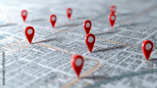 Red map pins marking multiple locations on detailed city street grid