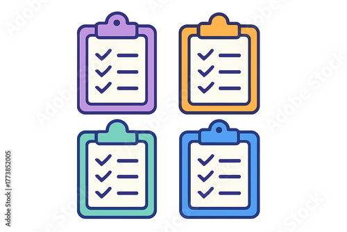 Set of four colorful checklist icons on clipboards representing task completion and organization