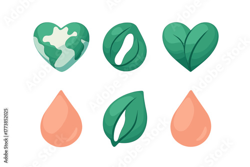 Environmental icons featuring heart shaped Earth map, green leaves, and stylized water drops