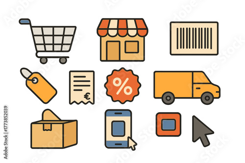 Colorful set of e-commerce and retail symbols including shopping cart delivery and discount icons