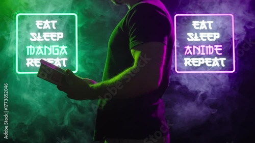 Person reading manga between two futuristic neon signs Eat Sleep Manga Repeat 4K
