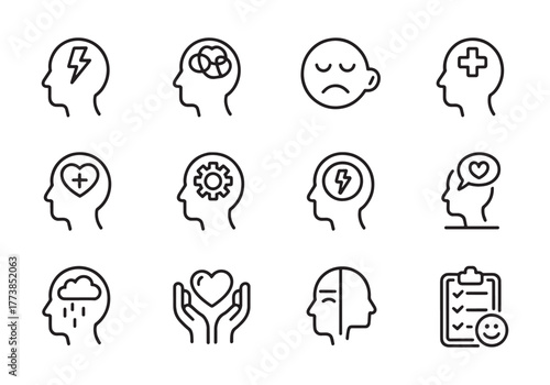 Mental health outline icons collection representing diverse psychological states and conditions