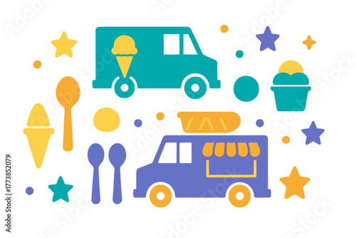 Colorful stylized food trucks and sweet dessert items including ice cream cones and serving spoons