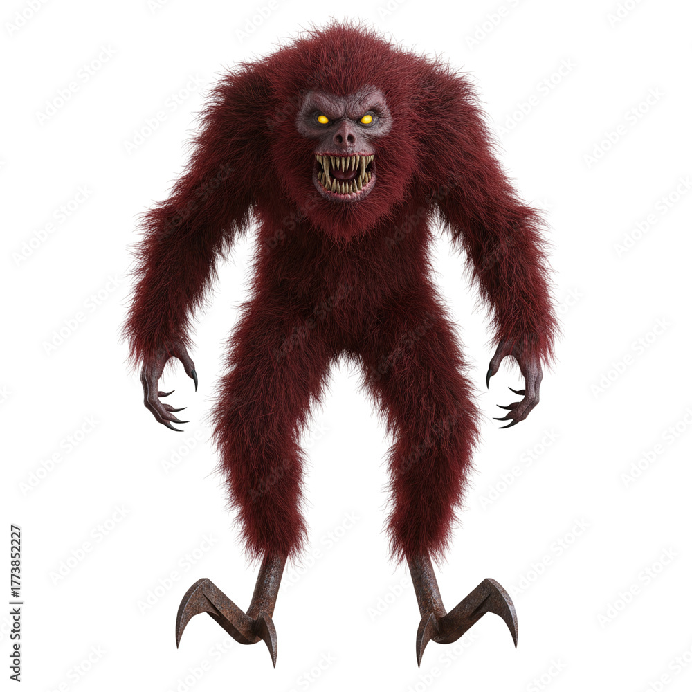 Fototapeta premium Fearsome furry red sasquatch monster with sharp teeth and claws