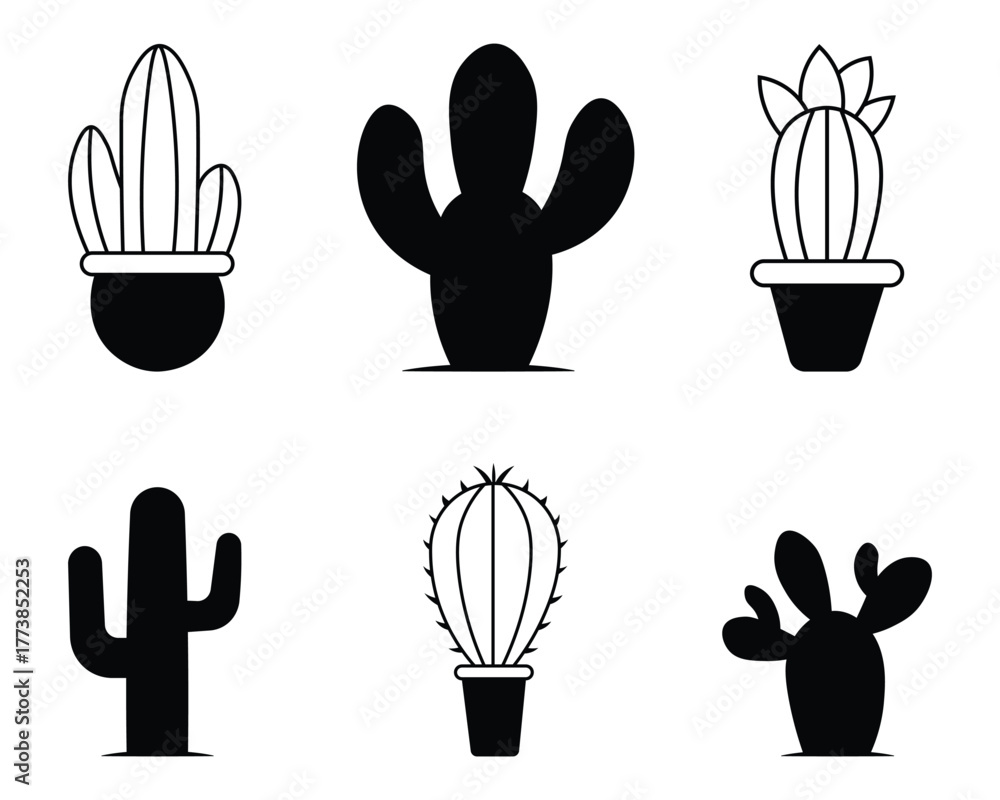 Fototapeta premium Collation of cactus plant silhouettes and line icon. Set of black cactus shape icon vector. Containing as desert design, botanical icon, succulent shapes, wild west nature design, and more. Vector