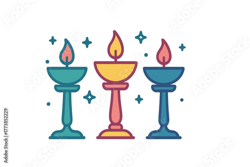 Three colorful traditional Indian oil lamps burning brightly with decorative sparkles