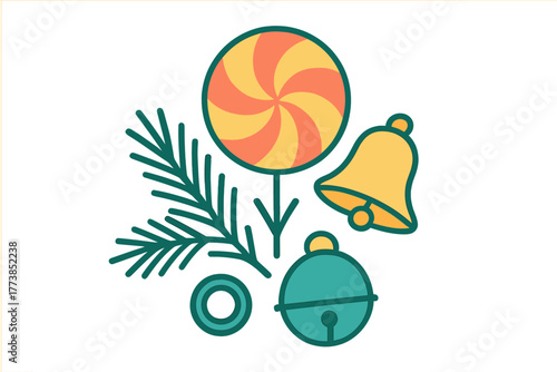 Colorful Christmas arrangement featuring a swirl lollipop, evergreen branch, and decorative bells