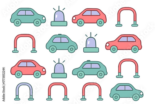 Stylized cars, police sirens, and parking barriers forming a seamless background design