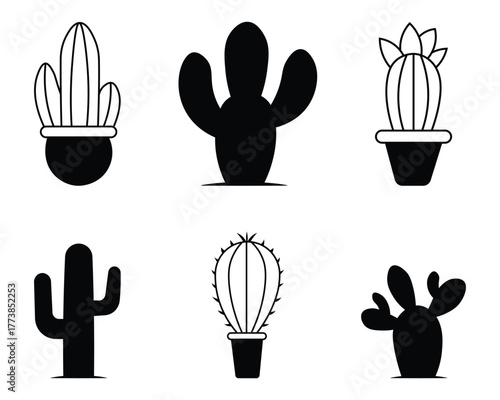 Collation of cactus plant silhouettes and line icon. Set of black cactus shape icon vector. Containing as desert design, botanical icon, succulent shapes, wild west nature design,  and more. Vector