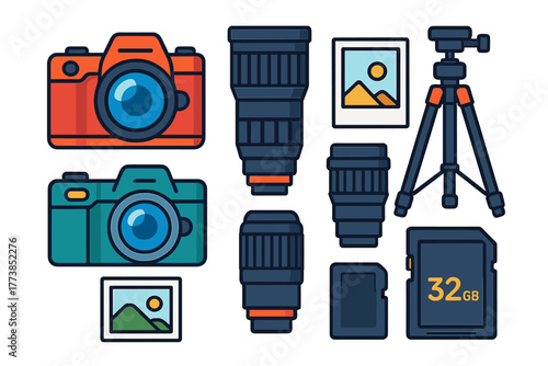 Professional photography equipment collection featuring digital cameras, lenses, tripod, and memory cards