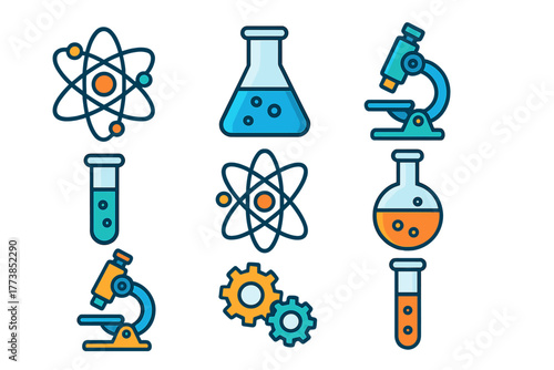 Collection of scientific research and engineering symbols including laboratory equipment and atomic structure