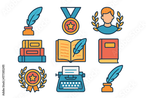Colorful collection of writing instruments, books, academic awards, and student portrait elements