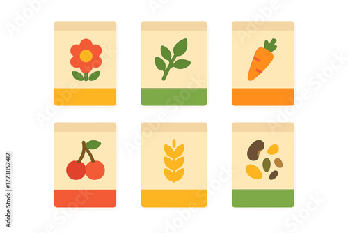 Colorful collection of six seed packets featuring garden vegetables, fruits, flowers, and grains