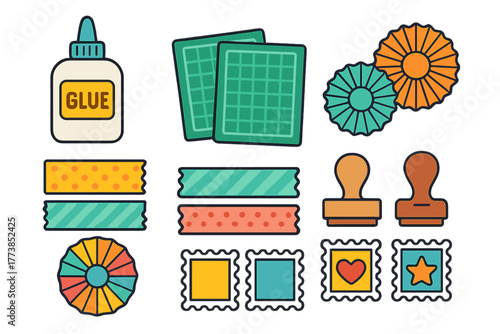 Colorful collection of scrapbooking and crafting supplies including glue, cutting mats, decorative tape, stamps, and paper rosettes