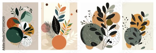 Modern abstract botanical art with geometric shapes and leaves. Minimalist wall decor, boho aesthetic, nature illustration, and contemporary home design.
