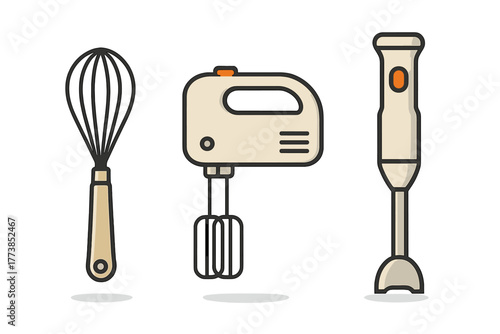 Essential kitchen mixing tools including a wire whisk, electric hand mixer, and immersion blender