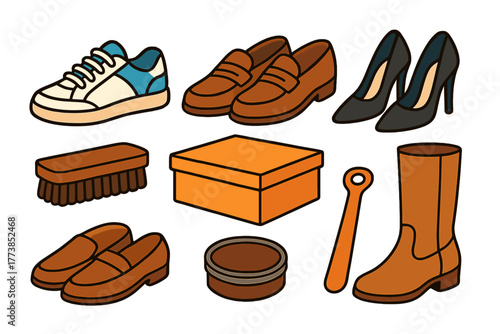 Collection of various footwear types including sneakers, boots, loafers, and high heels with shoe cleaning supplies
