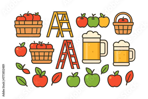 Autumn harvest set with apples, baskets, ladders, and mugs of beer or cider