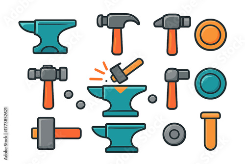 Forging equipment icons featuring anvils, hammers, and striking elements