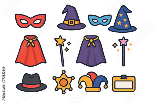 Colorful collection of costume accessories and role-playing icons like masks, capes, hats, and wands