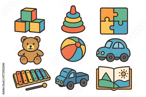 Colorful assortment of classic childhood toys including blocks, teddy bear, and toy vehicles