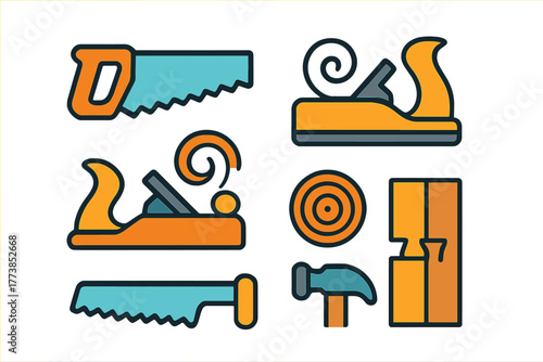Collection of essential carpentry tools including hand saws, wood planes, hammer, and lumber