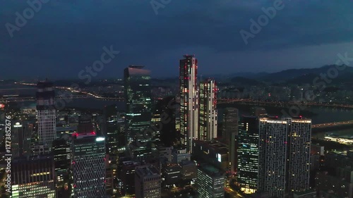 Wallpaper Mural Drone View of Seoul city in South Korea, Night of Yeouido Financial District Torontodigital.ca