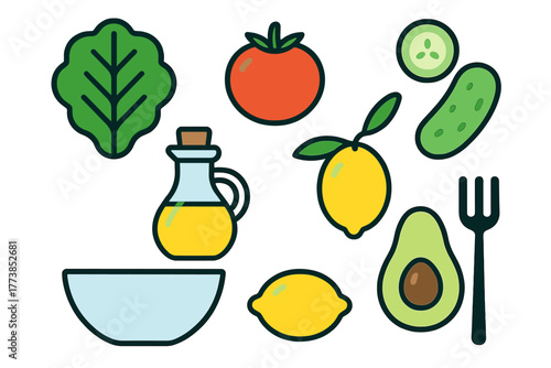 Set of fresh salad ingredients and kitchen icons including lettuce tomato cucumber avocado and olive oil