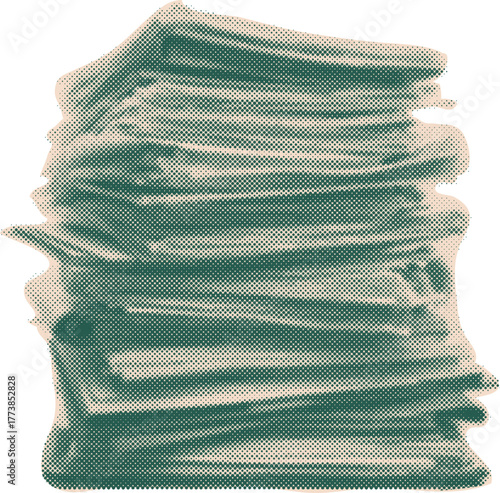Retro Stack of Newspapers in Halftone Texture, symbolizing Business Information, Media Communication, and Vintage Collage aesthetic in green-beige tones.