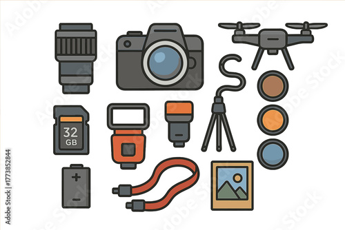 Collection of essential photography equipment icons including camera lens and drone