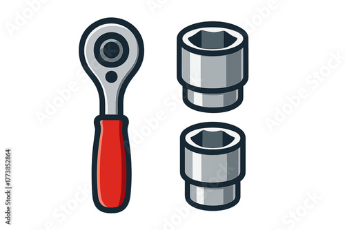 Professional ratchet wrench and metal sockets set used for mechanical maintenance and automotive repair