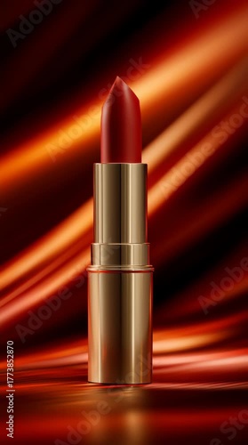 Luxurious red lipstick in gold tube showcases vibrant color against silky backdrop, evoking elegance and glamour for beauty enthusiasts in world of fashion and cosmetics