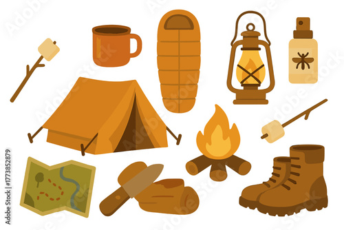 Collection of essential gear for outdoor adventure and wilderness camping