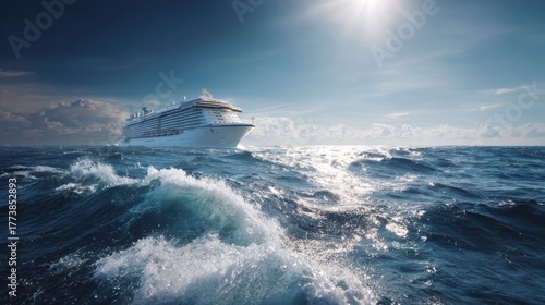 Majestic Cruise Ship Sailing Through Vibrant Ocean Waves Under Bright Sunlight with Dramatic Clouds in the Background