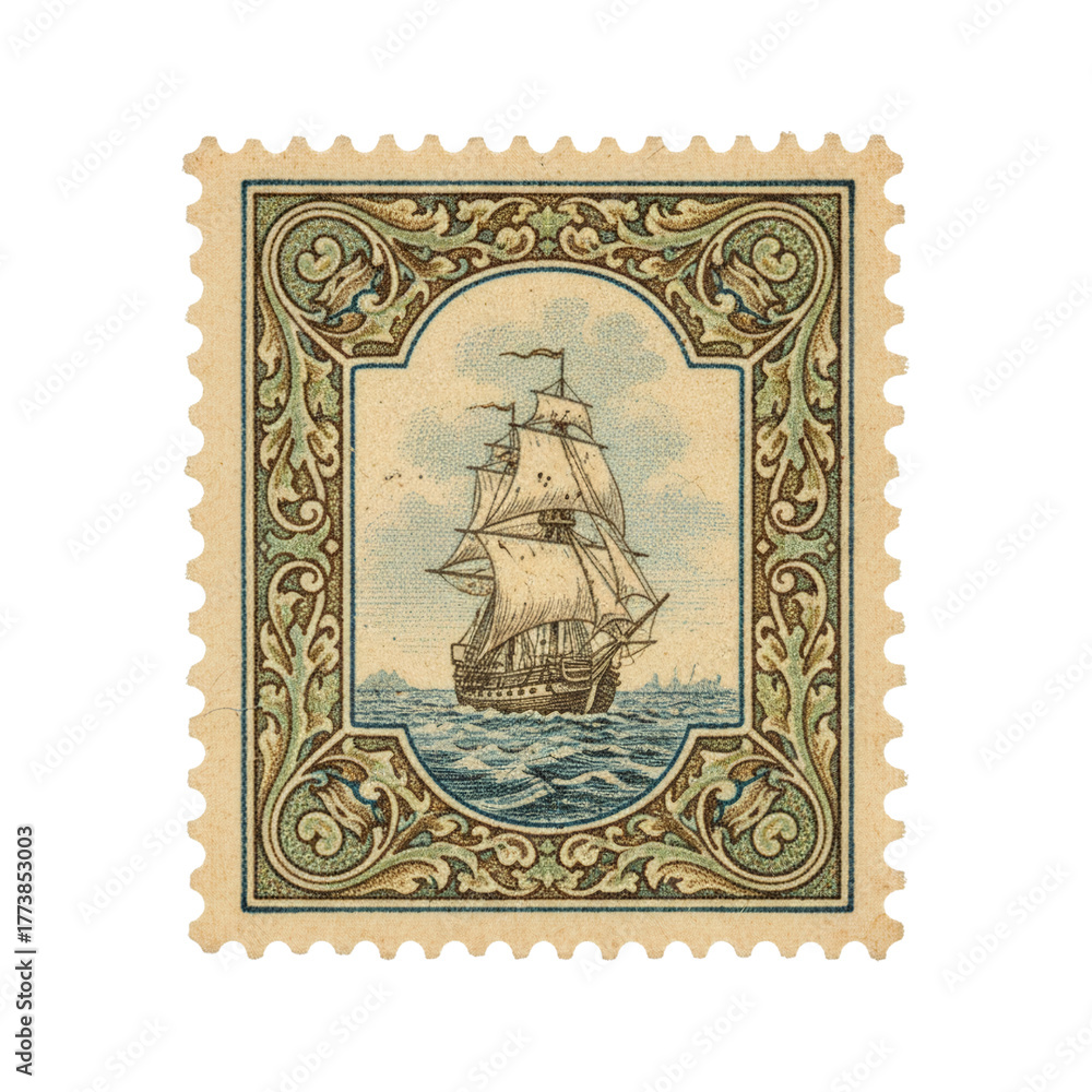 Obraz premium Antique ornate postage stamp with sailing ship illustration