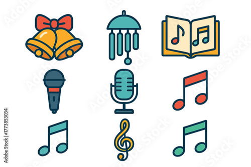 Vibrant collection of musical symbols, sound equipment icons, microphones, notes, bells, and a songbook