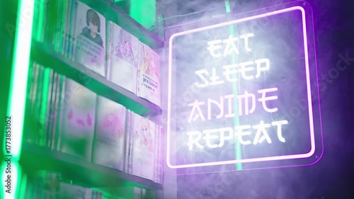 Futuristic neon sign beside manga comics shelf Eat Sleep Anime Repeat 4K