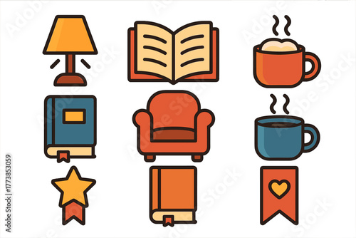 Cozy reading and relaxation icons featuring books, armchair, table lamp, and hot beverage mugs