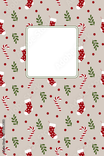 Vektorgrafik mit Weihnachtsstrümpfen, Zuckerstangen, Zweigen und roten Beeren. Freier Platz für Text. Vorlage für Einladungen, Grußkarten, Social Media Posts, Cover und Werbung.