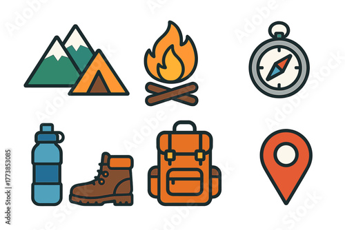 A comprehensive collection of essential equipment and supplies needed for outdoor adventure, hiking, and camping activities