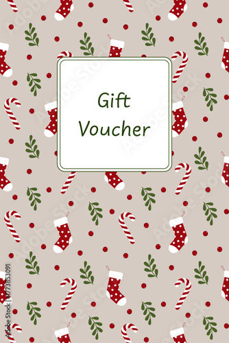 Gift Voucher - Schriftzug in englischer Sprache - Geschenkgutschein. Gutscheinkarte mit Weihnachtsstrümpfen, Zuckerstangen, Zweigen und roten Beeren.