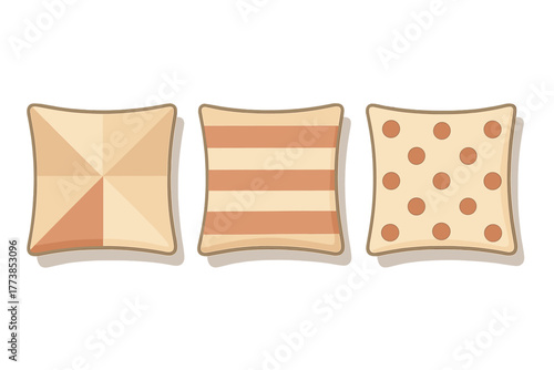 Three decorative square cushions featuring geometric, striped, and polka dot patterns in neutral colors
