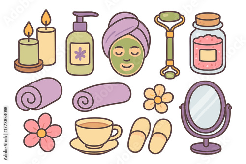 Set of self-care and relaxation objects for home spa day including beauty accessories