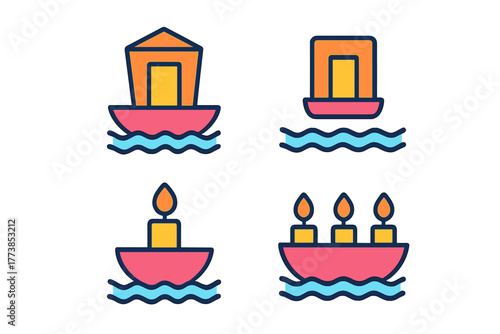 Simple graphic symbols of Noah's Ark and floating candles on wavy water