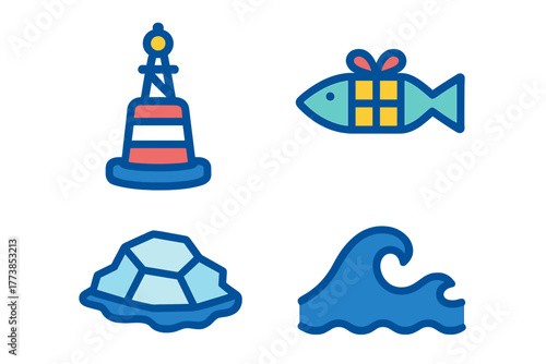 Colorful marine set featuring a buoy, gift fish, iceberg, and ocean wave elements